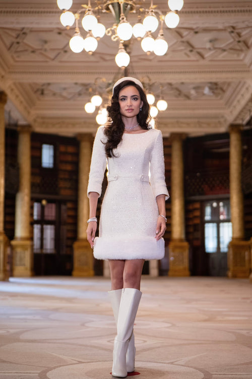 ‘Sloane’ Wool Tweed Dress with Faux Fur Trim in Bianco