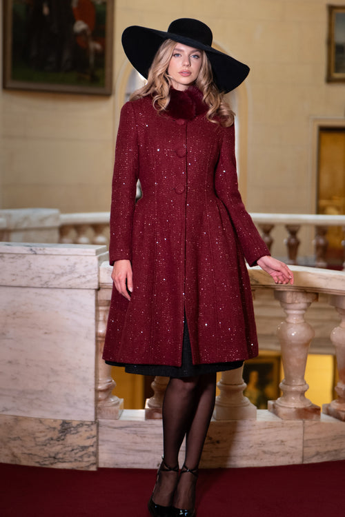 'Starlet' Wool Tweed Dress Coat with Faux Fur in Rosso