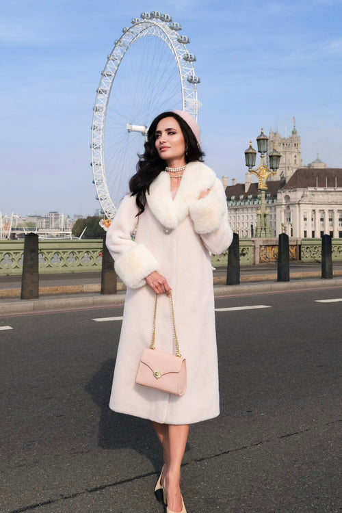 'Sunset Boulevard' Long Wool Coat with Faux Fur Collar in Bianco