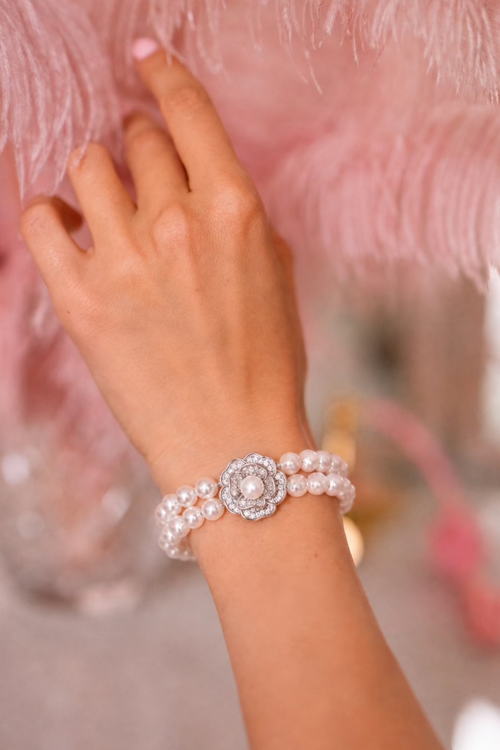 ‘Tsarina’ Double Strand Pearl Bracelet with Silver Rose