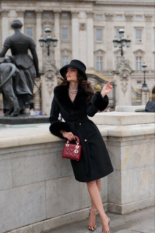 'Marlene' Cashmere and Wool Coat with Faux Fur in Nero