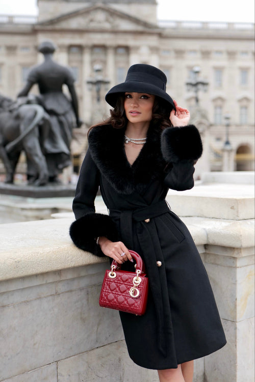 'Marlene' Cashmere and Wool Coat with Faux Fur in Nero
