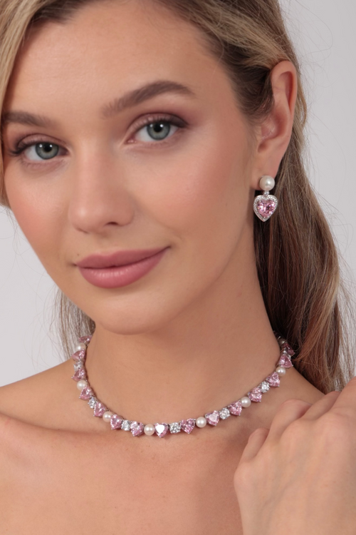 ‘Severina’ Pink Heart and Pearl Silver Choker
