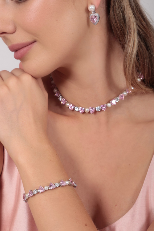 Severina Pink Heart and Pearl Silver Bracelet