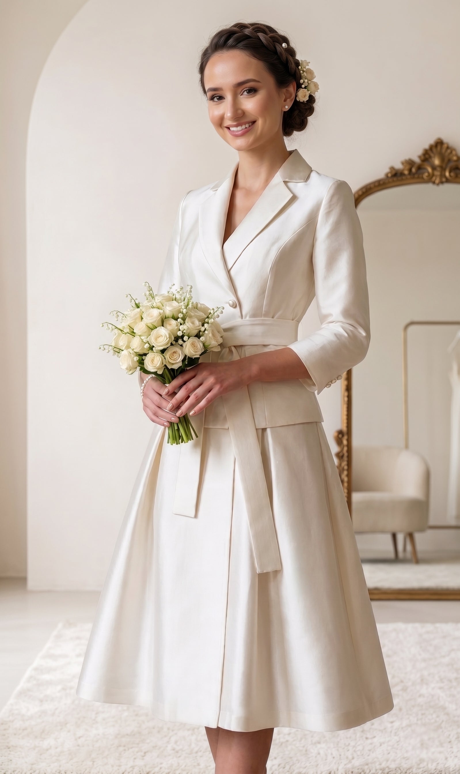 White Wool & Silk Dress Women's Coat | Belted | Double-Breasted Front | Audrey Collection | Santinni