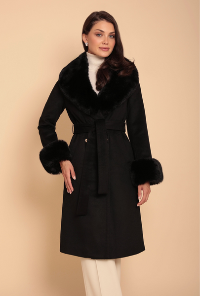 'Marlene' Cashmere and Wool Coat with Faux Fur in Nero