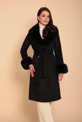 'Marlene' Cashmere and Wool Coat with Faux Fur in Nero