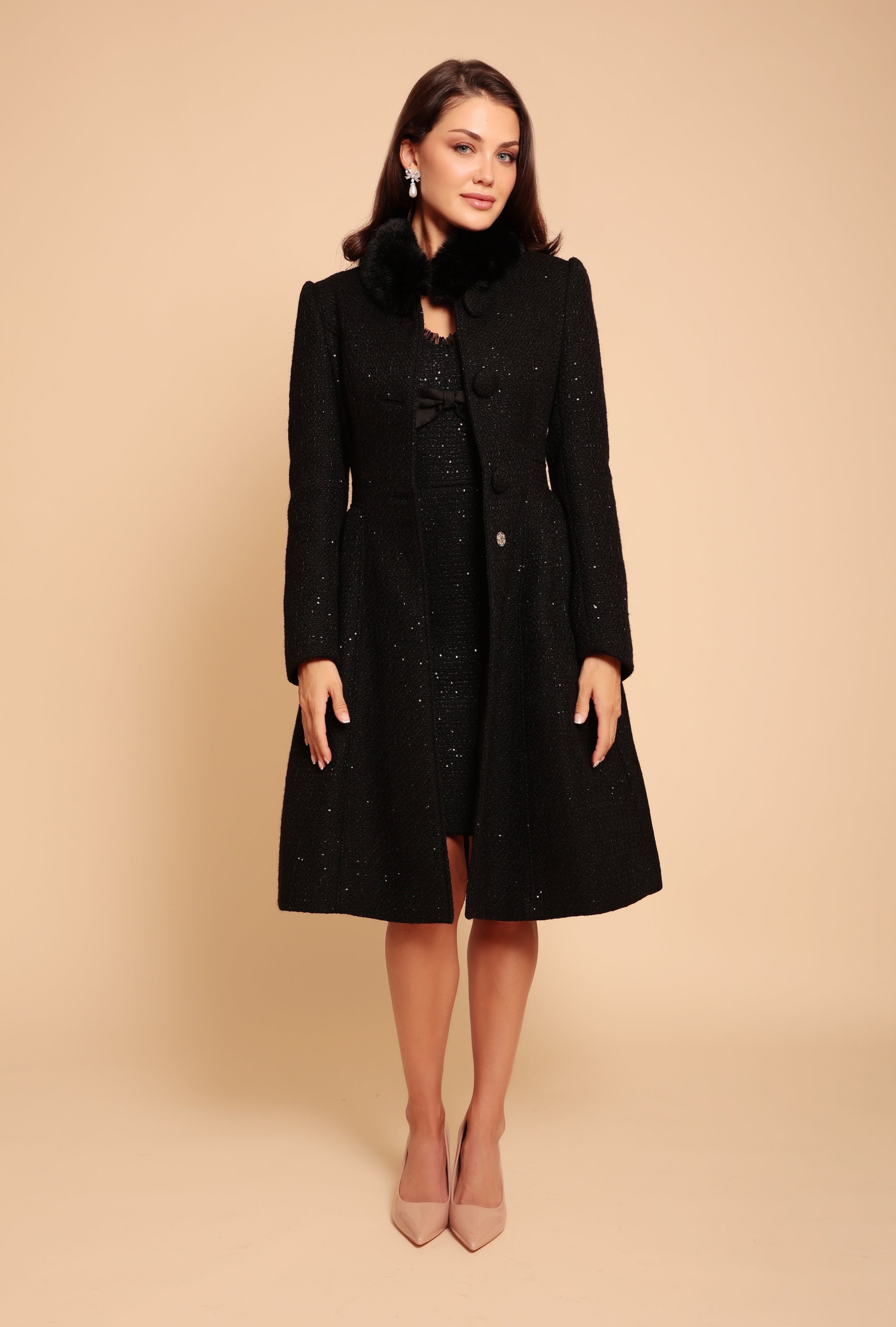Starlet Wool Tweed Dress Coat with Faux Fur in Nero Santinni