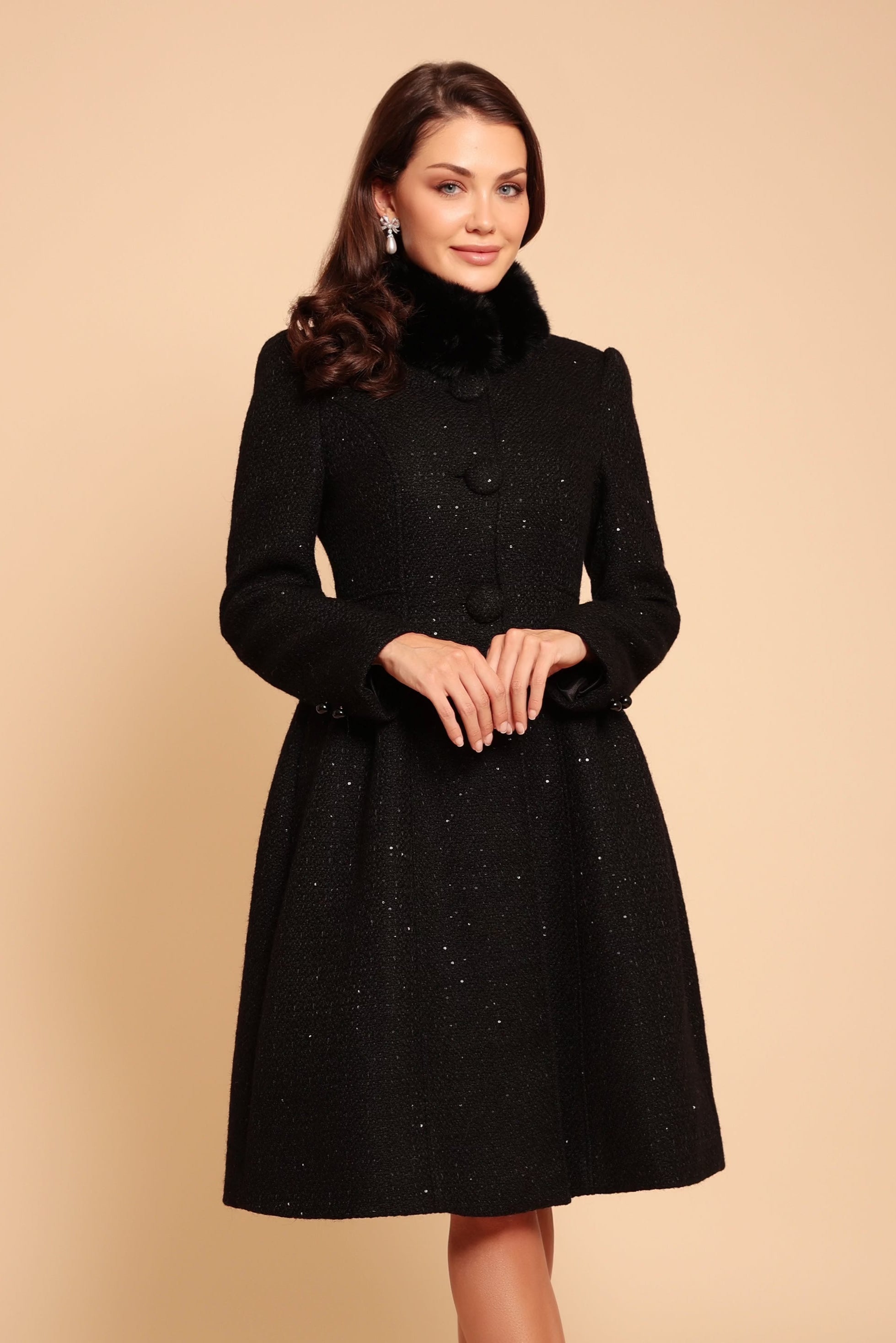 'Starlet' Wool Tweed Dress Coat with Faux Fur in Nero