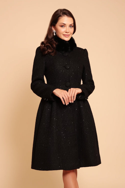 SS 'Starlet' Wool Tweed Dress Coat with Faux Fur in Nero