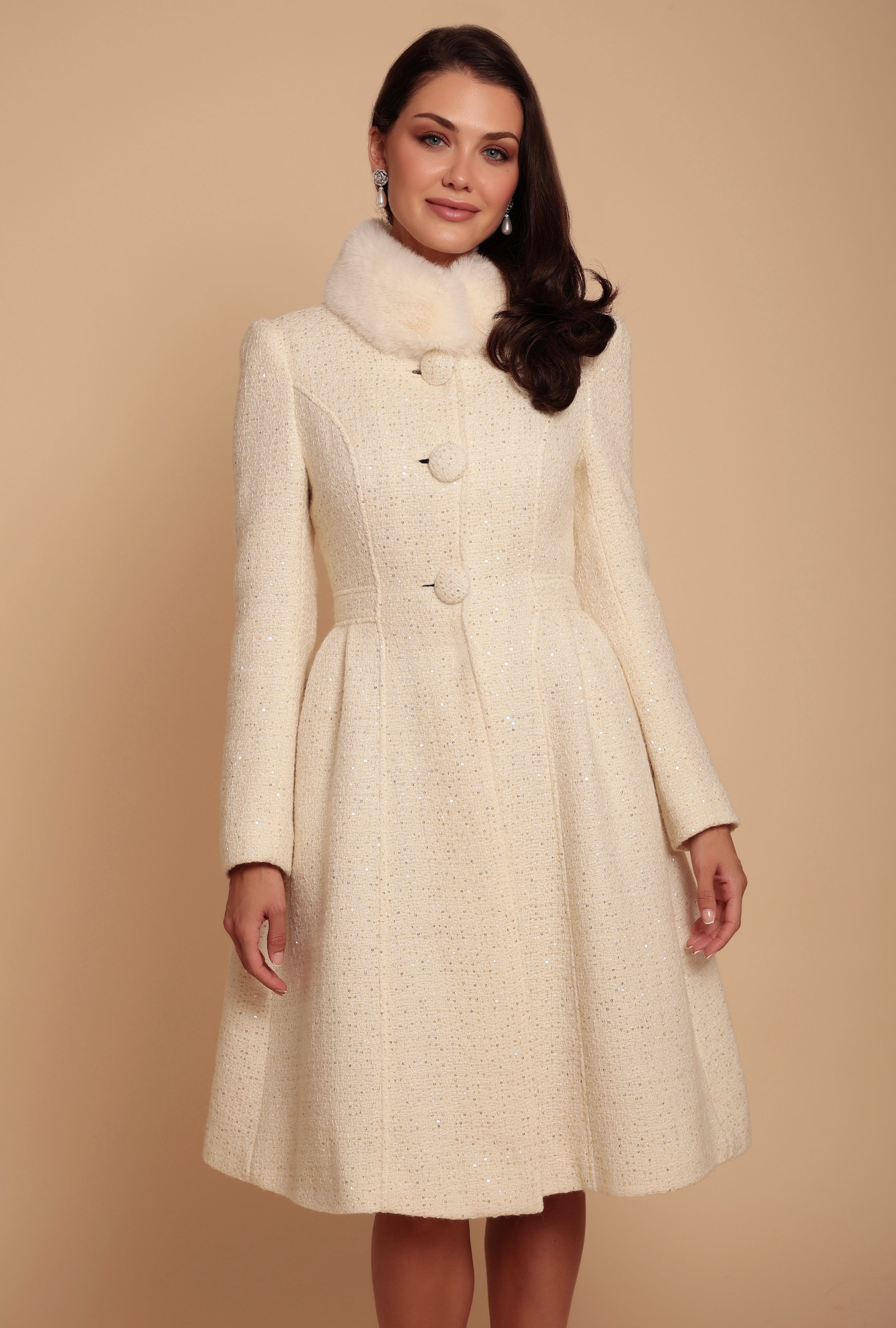 Starlet Wool Tweed Dress Coat with Faux Fur in Crema Santinni