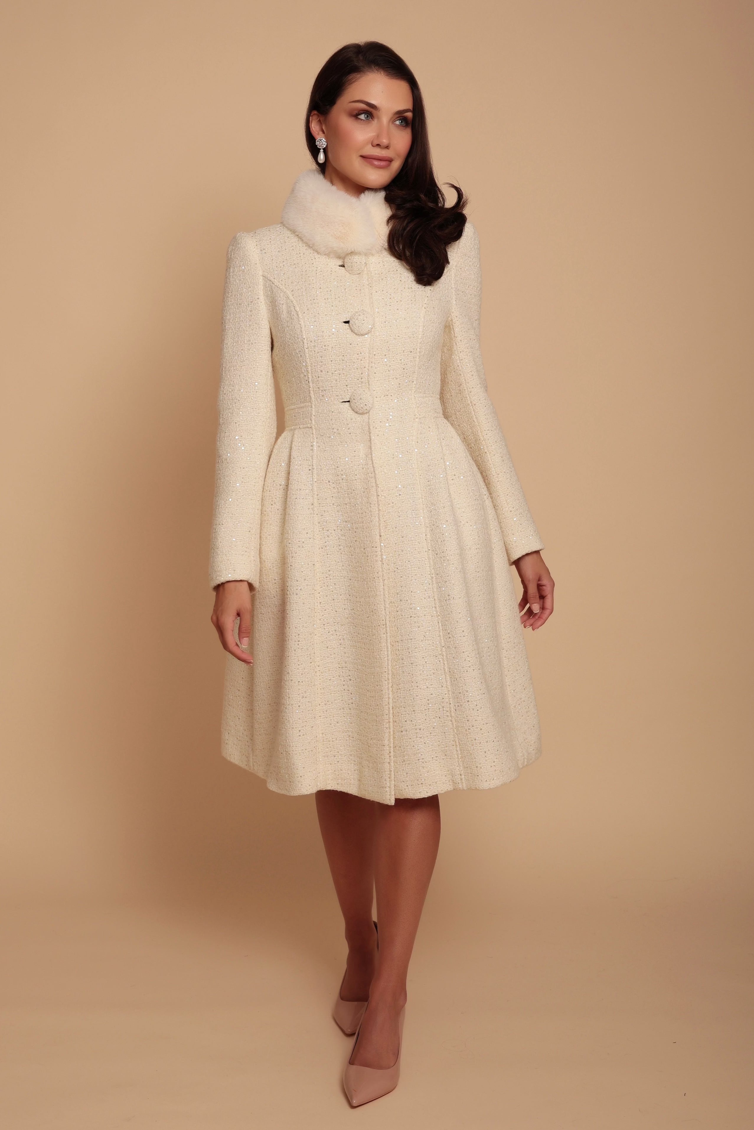 'Starlet' Wool Tweed Dress Coat with Faux Fur in Crema