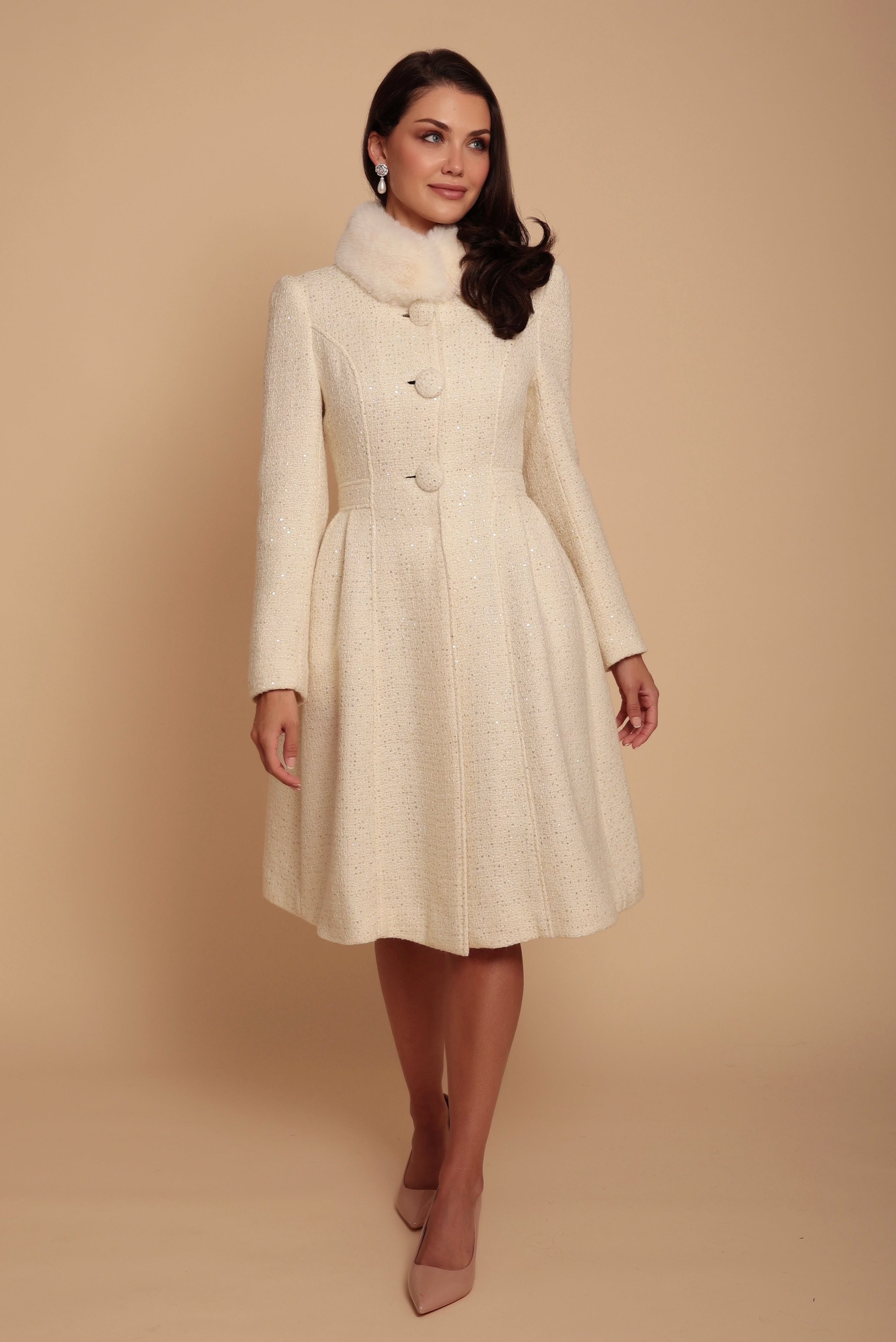 Starlet Wool Tweed Dress Coat with Faux Fur in Crema Santinni