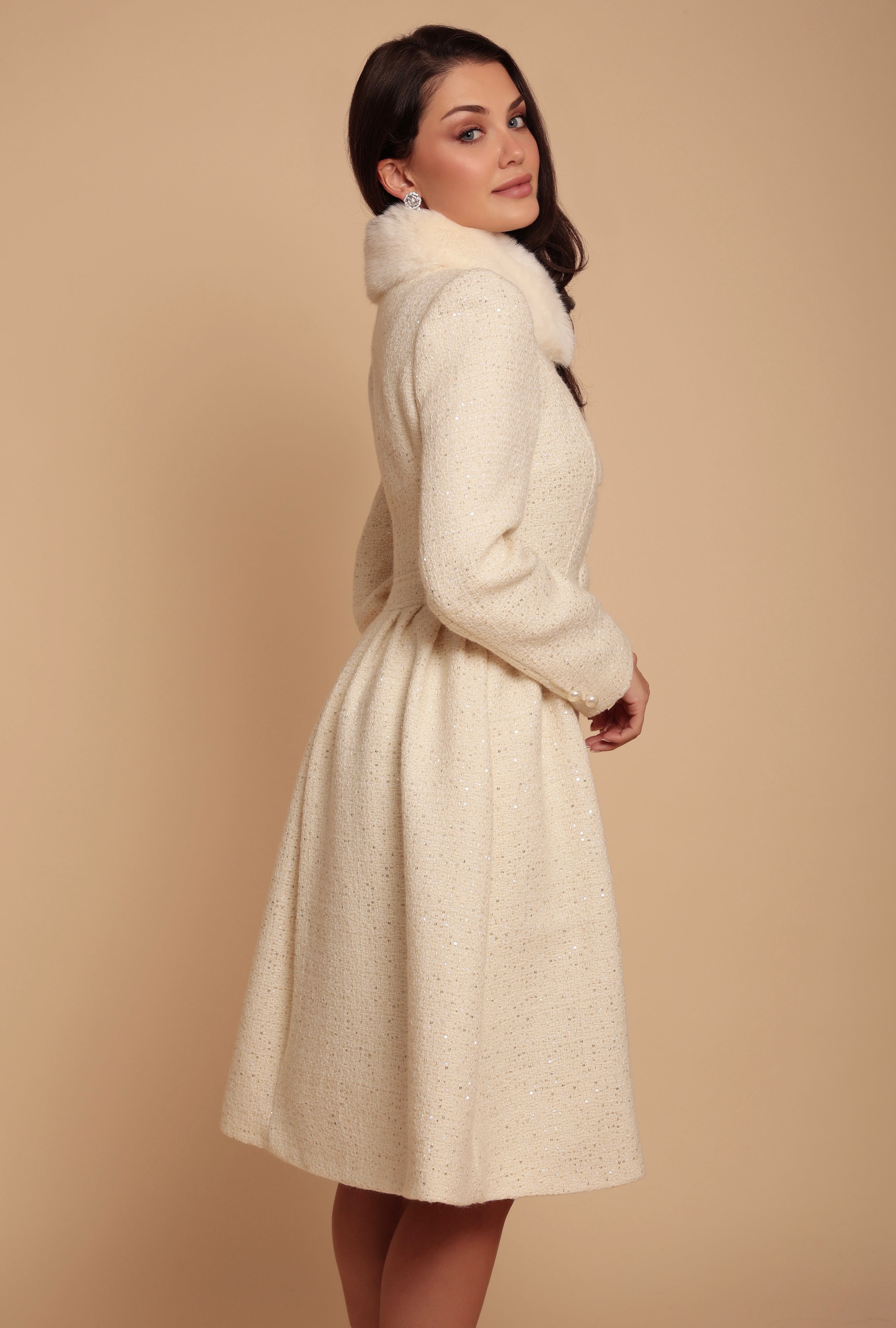'Starlet' Wool Tweed Dress Coat with Faux Fur in Crema