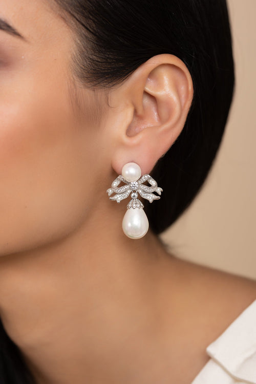 🎁 'Antoinette' Bow and Pearl Drop Silver Earrings (100% off)