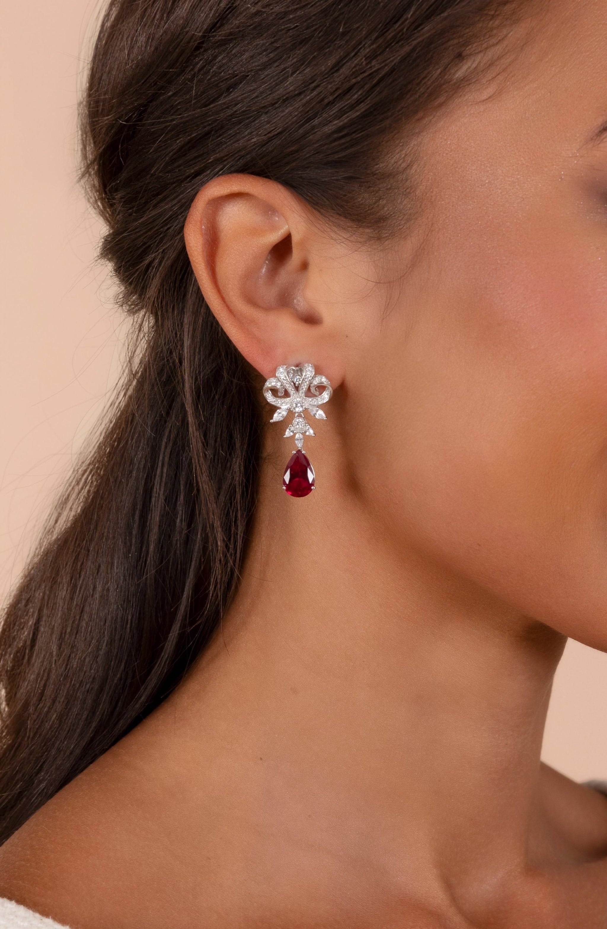 Silver Drop & Red Crystal Earrings | Versailles Collection