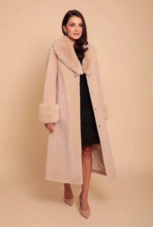 'Sunset Boulevard' Long Wool Coat with Faux Fur Collar in Cammello