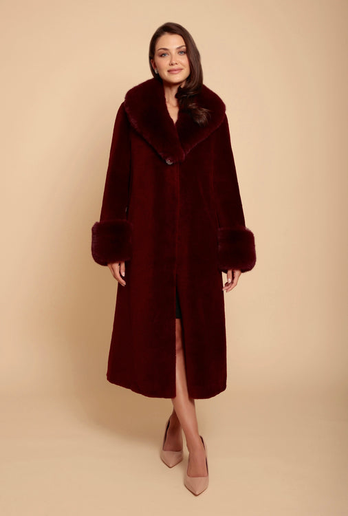 'Sunset Boulevard' Long Wool Coat with Faux Fur Collar in Rosso
