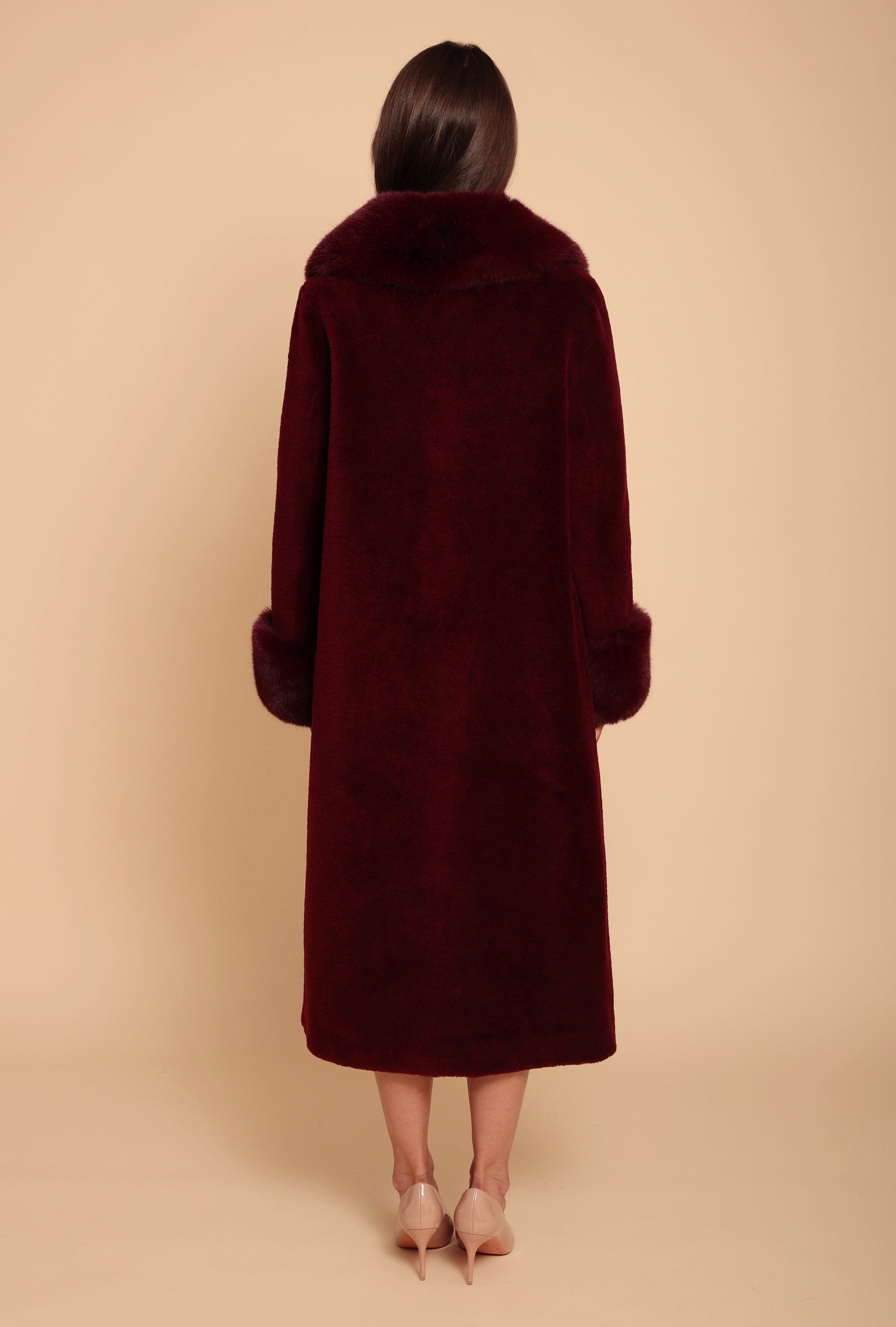 Sunset Boulevard' Long Wool Coat with Faux Fur Collar in