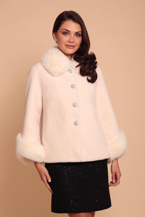 SS 'Gene' Short Wool Coat with Faux Fur Collar in Bianco