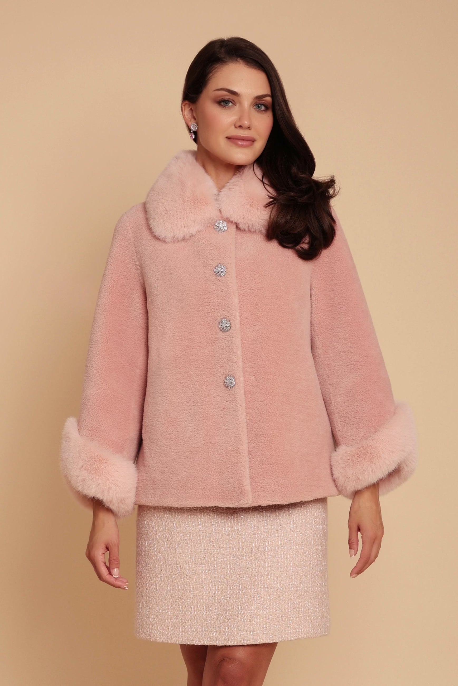Gene Short Wool Coat with Faux Fur Collar in Rosa Santinni