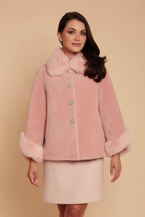 'Gene' Short Wool Coat with Faux Fur Collar in Rosa