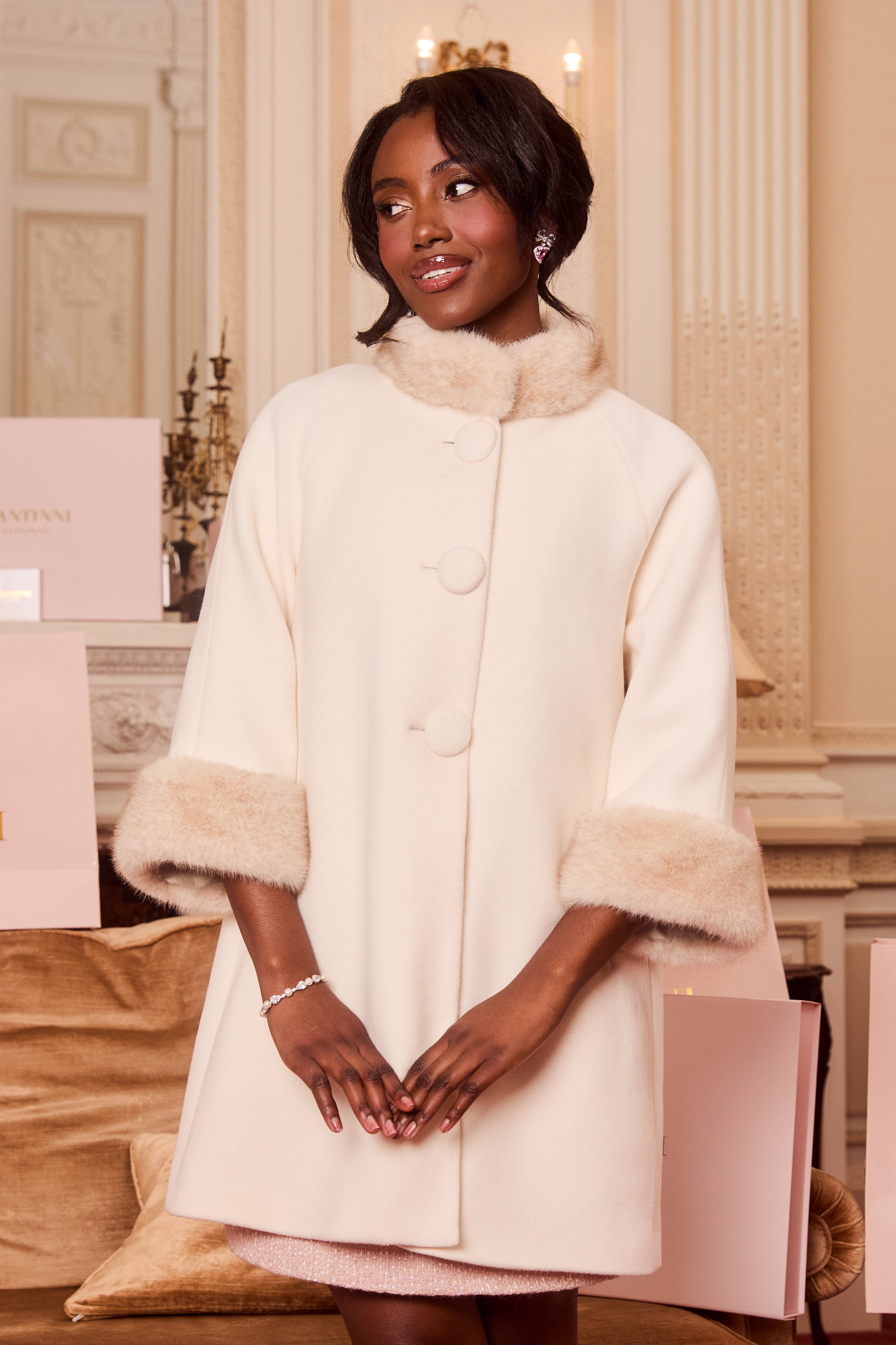 Demure' Italian Virgin Wool and Cashmere Coat with Faux Mink Demure' Italian Virgin Wool and Cashmere Coat with Faux Mink