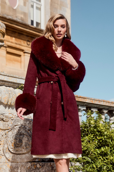 'Marlene' Cashmere and Wool Coat with Faux Fur in Rosso