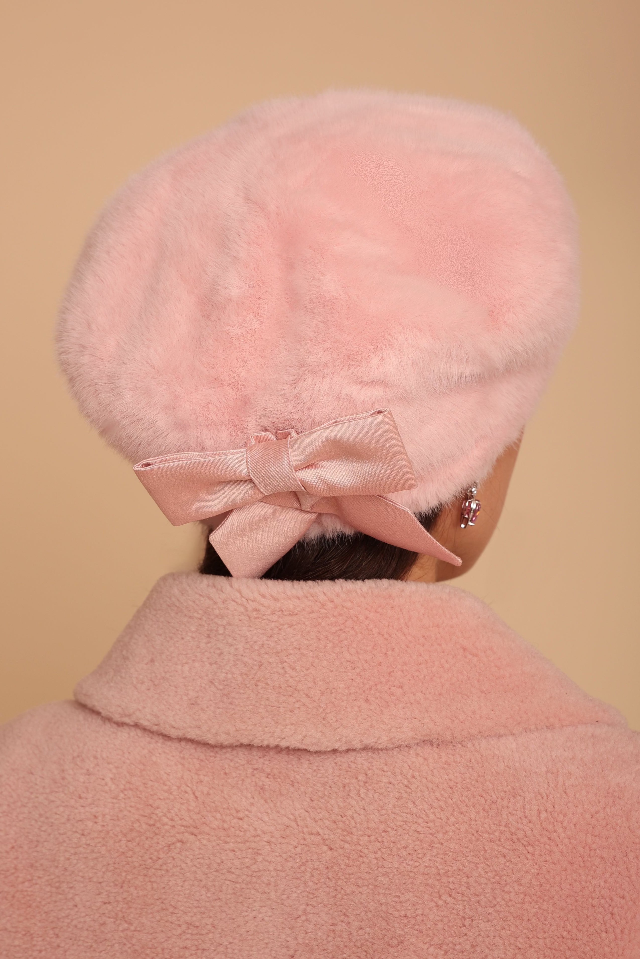 'Brigitte' Faux Fur Hat with Silk Bow in Rosa