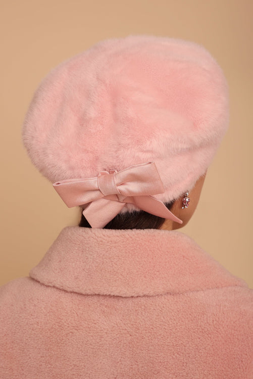 'Brigitte' Faux Fur Hat with Silk Bow in Rosa