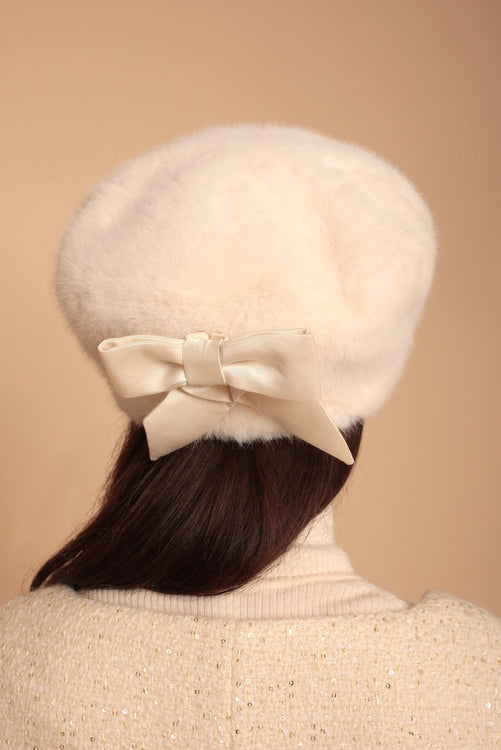 'Brigitte' Faux Fur Hat with Silk Bow in Bianco