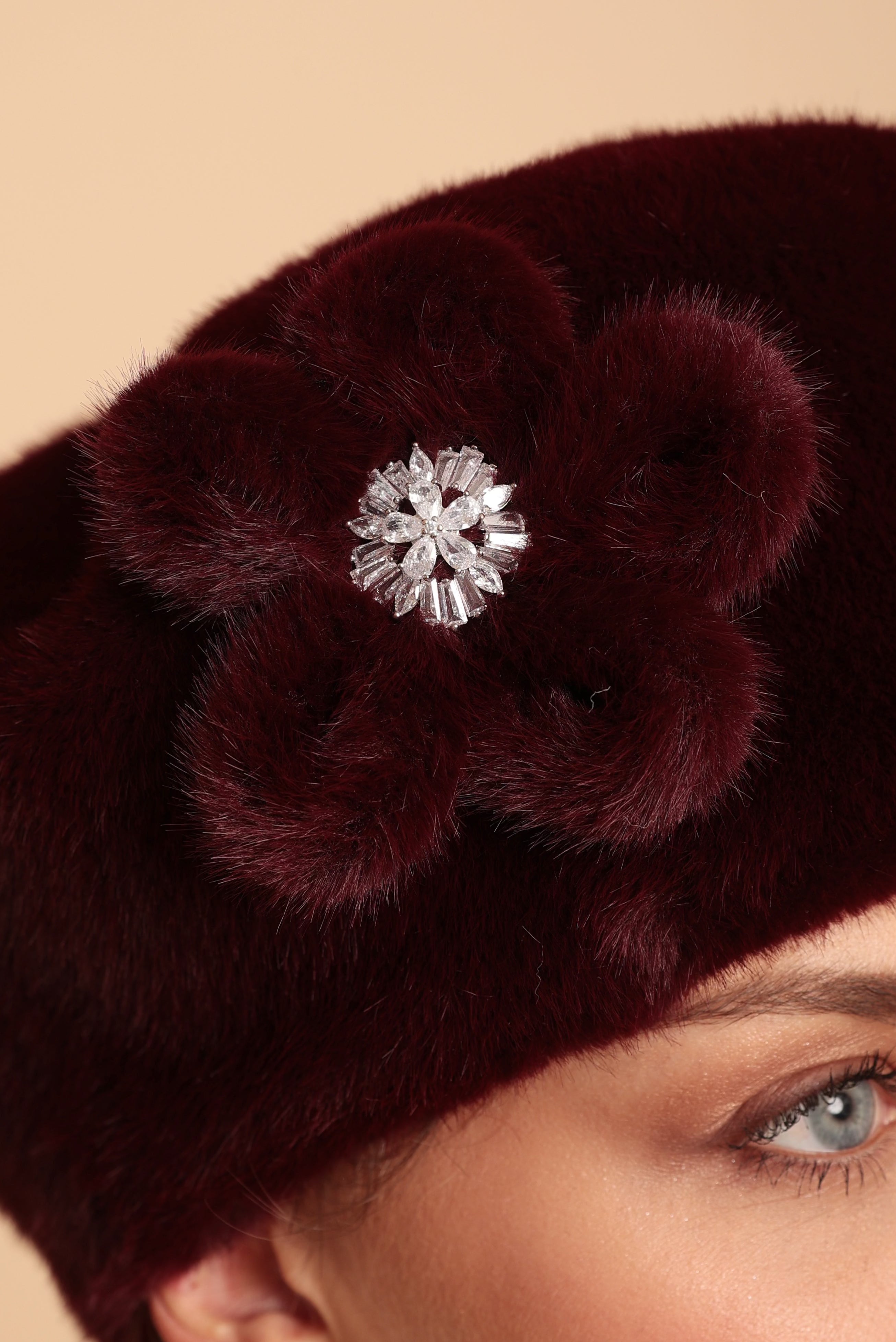 'Marion' Faux Fur Hat with Flower Motif in Rosso