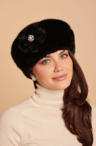 'Marion' Faux Fur Hat with Flower Motif in Nero