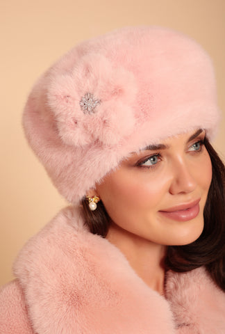 'Marion' Faux Fur Hat with Flower Motif in Rosa