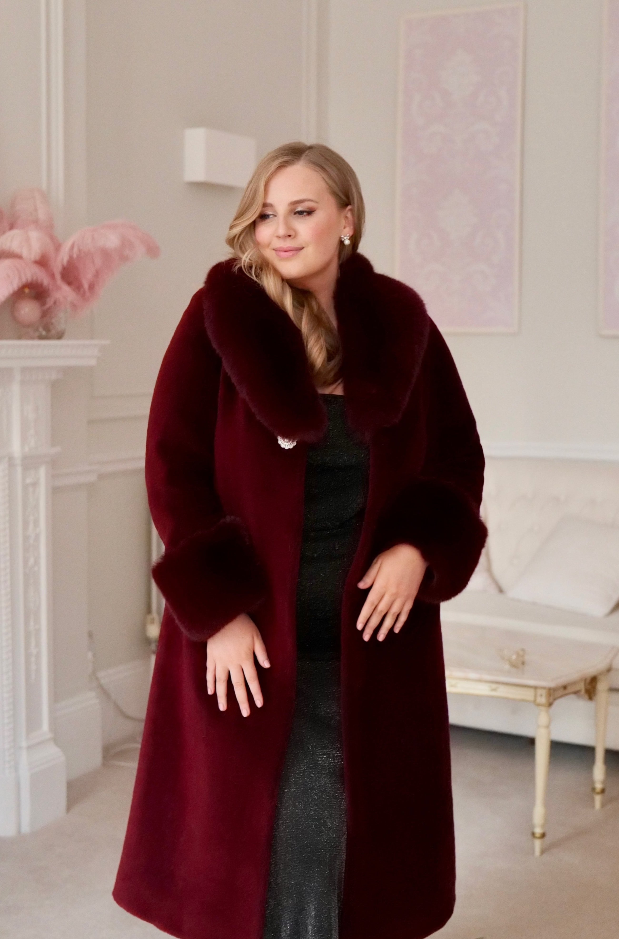 Burgundy fur collar coat discount