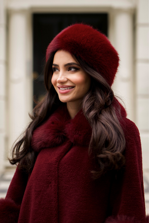 'Harlow' Faux Fur Headband with Satin Bow in Rosso