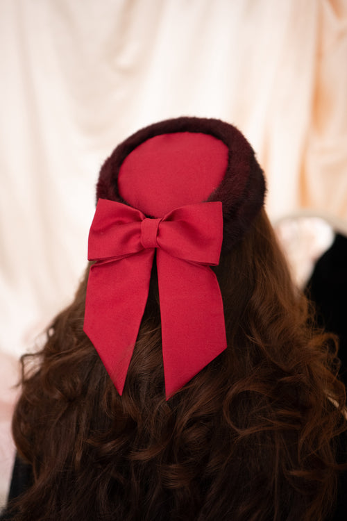 'Wonderland' Pillbox Hat with Silk Bow in Rosso