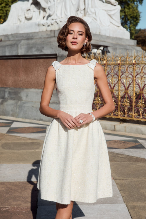 ‘Orpheum’ Wool Tweed Dress with Silk Taffeta Bows in Bianco