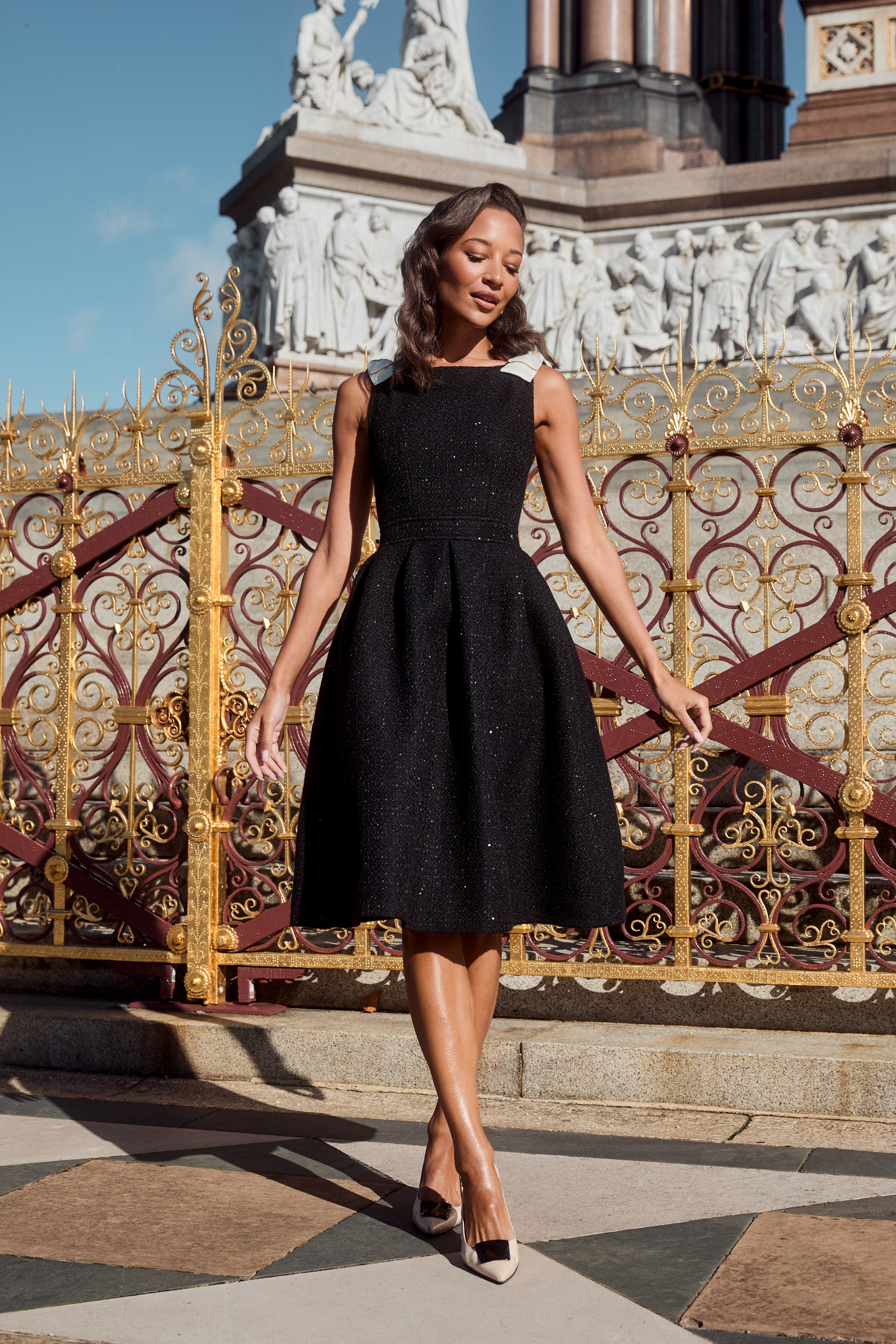 Black Wool Tweed Dress with Bateau Neckline | Silk Taffeta Shoulder Bows & Pleated Skirt | Orpheum Collection | Santinni Black Wool Tweed Dress with Bateau Neckline | Silk Taffeta Shoulder Bows & Pleated Skirt | Orpheum Collection | Santinni