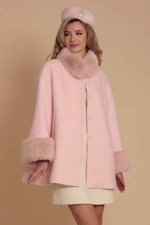 'Ingénue' Wool Cape Coat with Faux Fur in Rosa