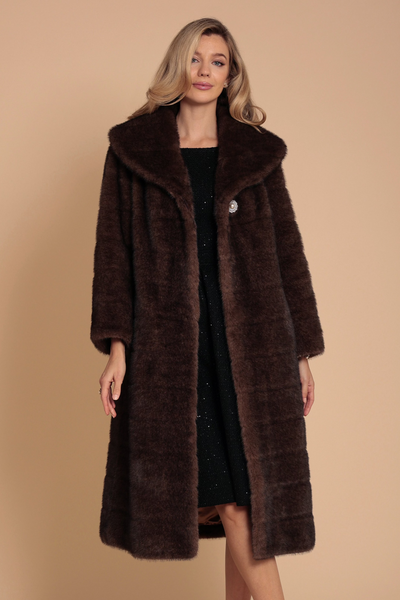 'Hollywood' Full-Length Faux Fur Coat in Marrone