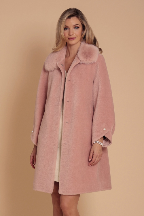 'Encore' Wool and Faux Fur Teddy Coat in Rosa