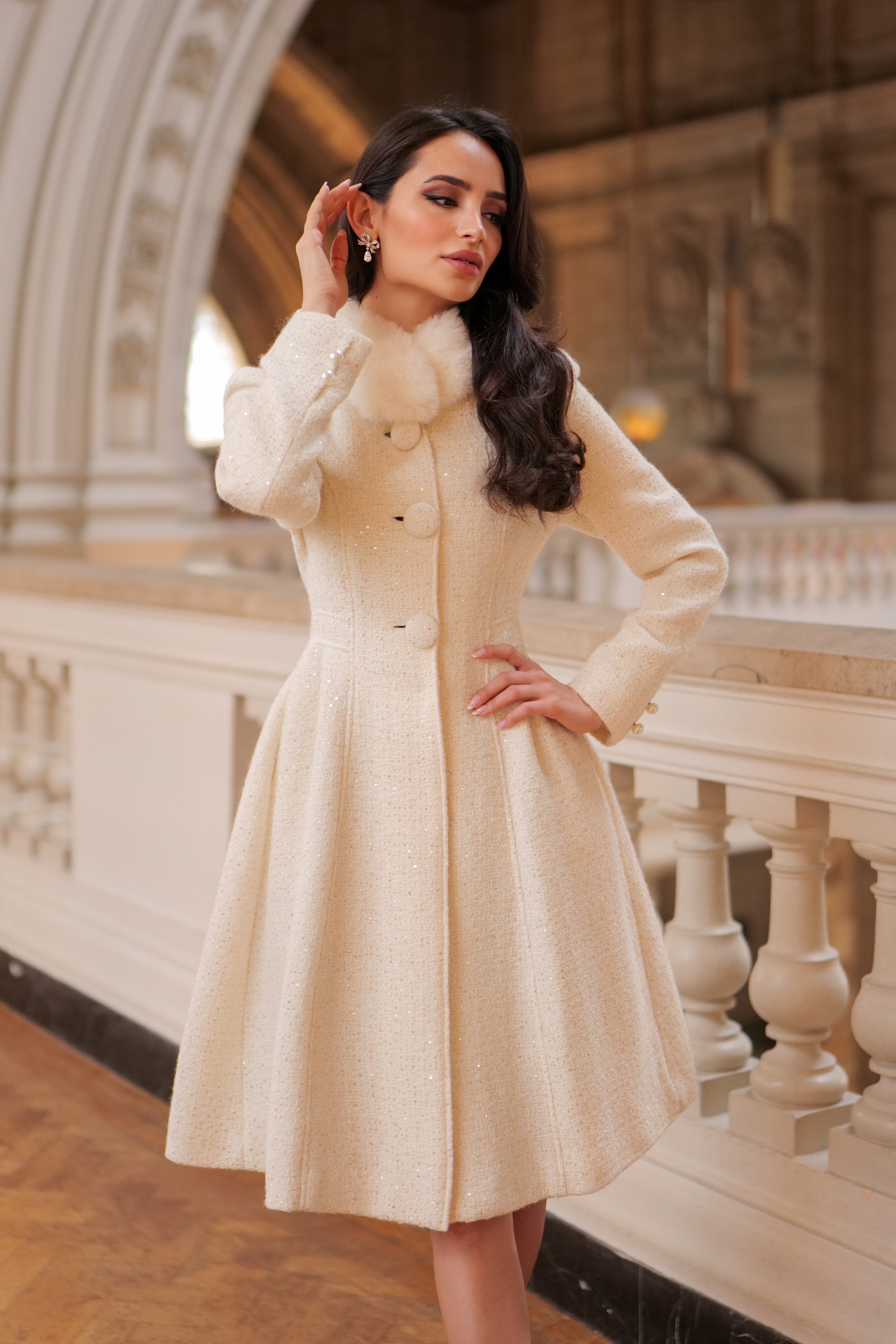 Starlet' Wool Tweed Dress Coat with Faux Fur in Crema – Santinni Starlet' Wool Tweed Dress Coat with Faux Fur in Crema – Santinni