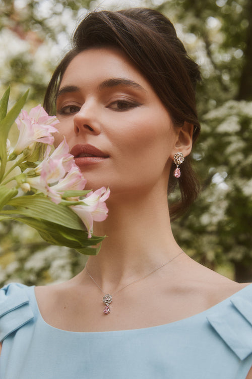 'Baroness' Flower and Pink Crystal Drop Silver Earrings