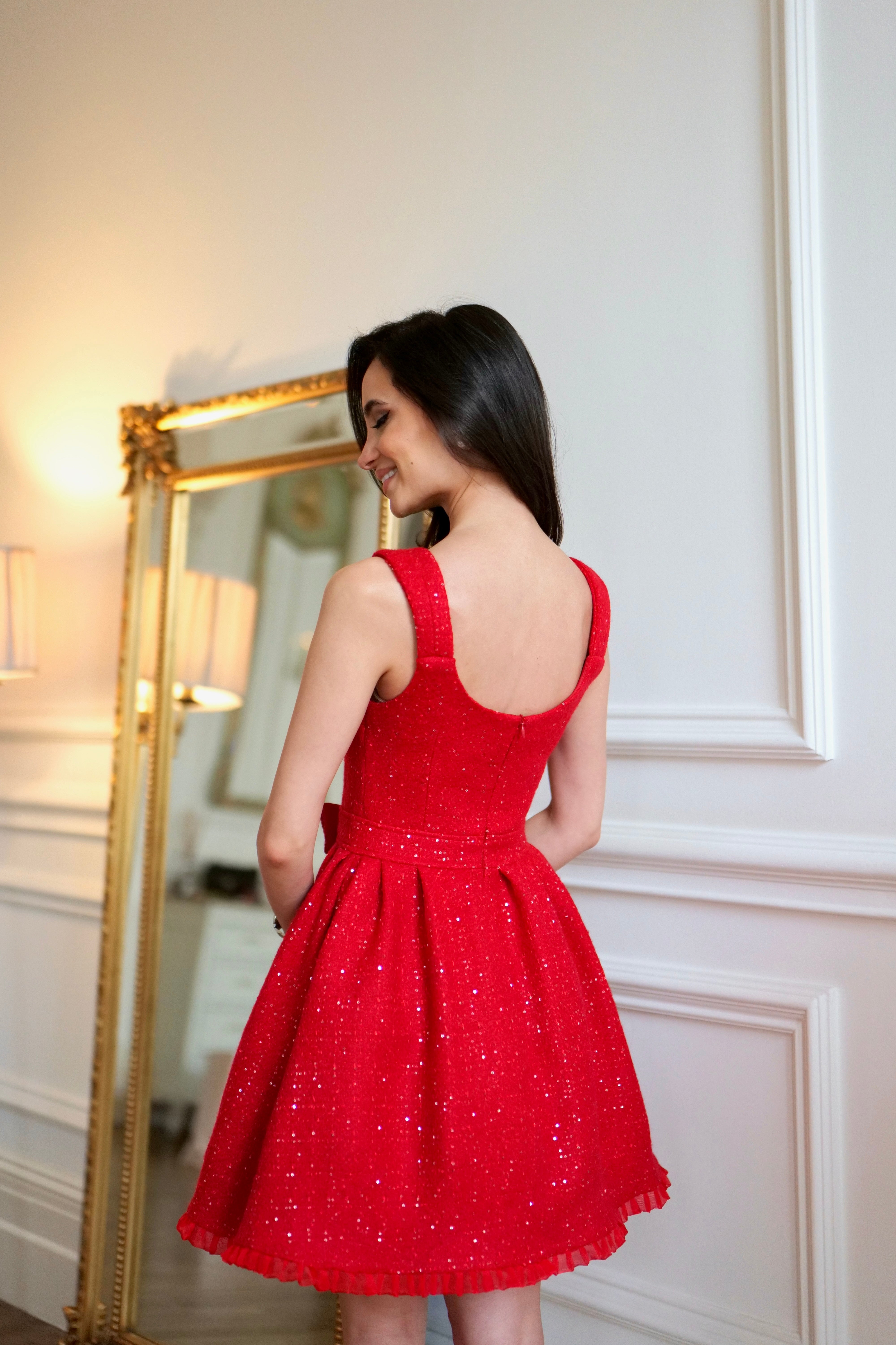 red tweed mini dress Lady Black Tie - Red Check Tweed Mini Dress