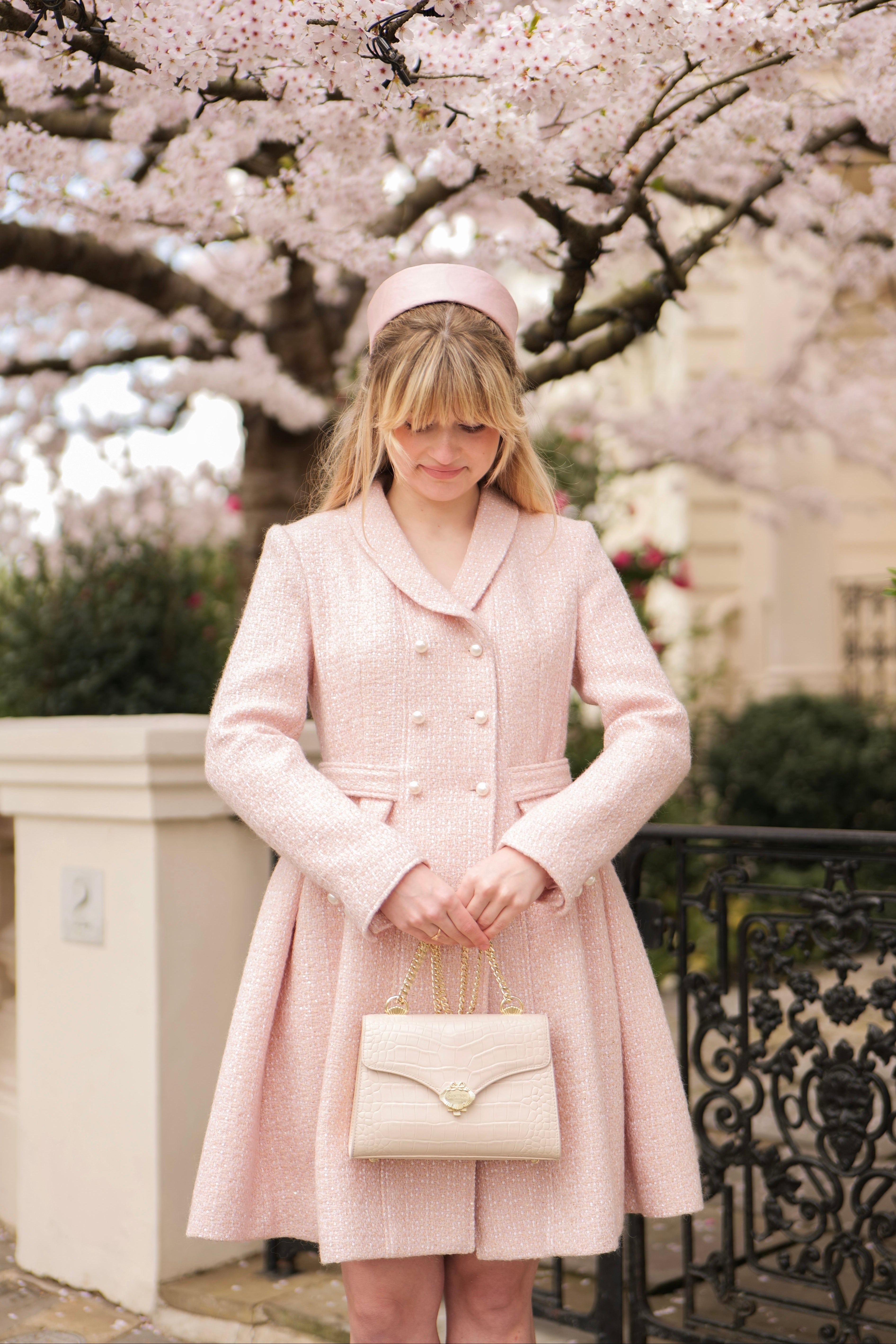 Pink Wool Dress Women's Coat with Full Pleat Skirt | Pearl Double-Breasted Buttons | Kennedy Collection Pink Wool Dress Women's Coat with Full Pleat Skirt | Pearl Double-Breasted Buttons | Kennedy Collection