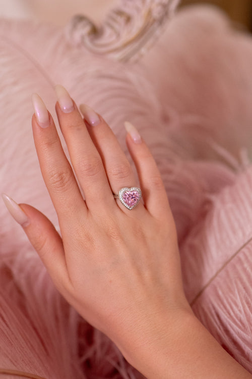 'Princess' Pink Crystal Heart Silver Ring
