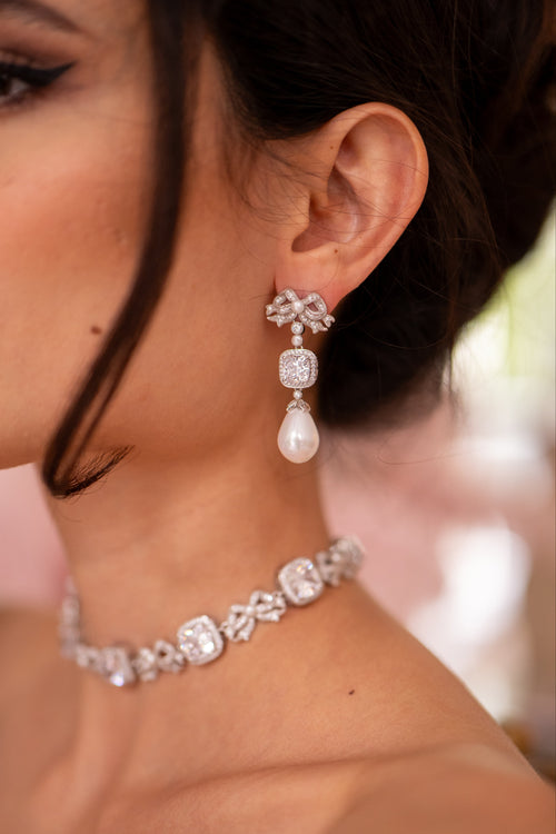 'Marie Antoinette' Cushion-Cut Crystal and Bow Silver Earrings