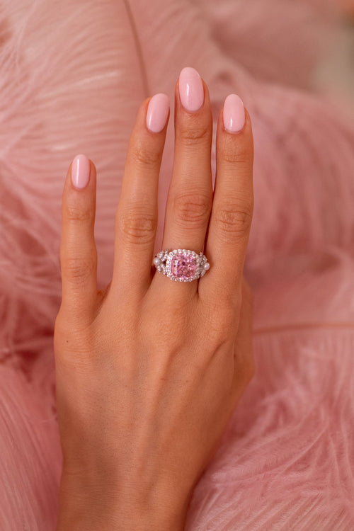 'Marie Antoinette' Pink Crystal and Bow Silver Ring