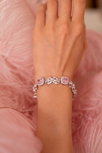 'Marie Antoinette' Pink Cushion-Cut Crystal and Bow Silver Bracelet